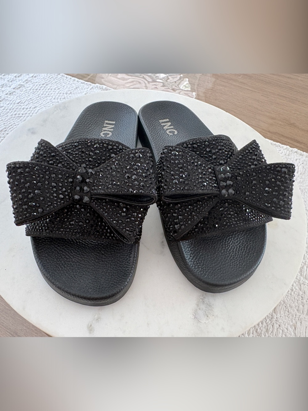 INC International Concepts Black Embellished Bow Slide Sandals - Picture 6 of 11